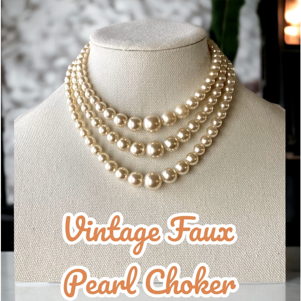 Faux White Pearl Necklace Vintage Triple Strand Choker 15" Long w Extender